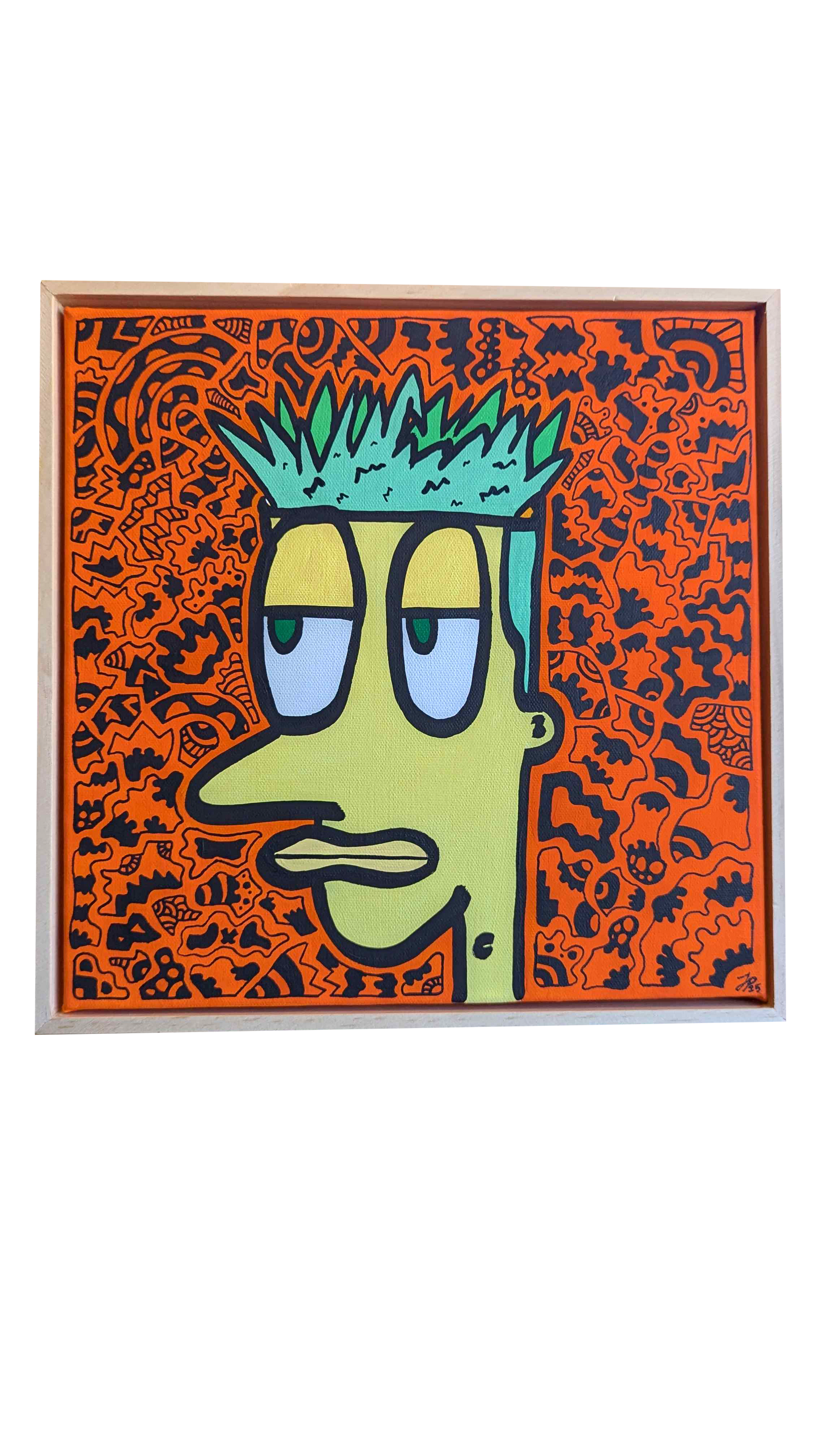 Framed artwork of a stylized face with green hair and blue eyes on an orange background.
